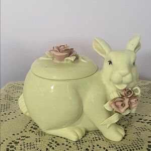 Ceramic Bunny trinket Jar with Pink Rose Accents - Cream